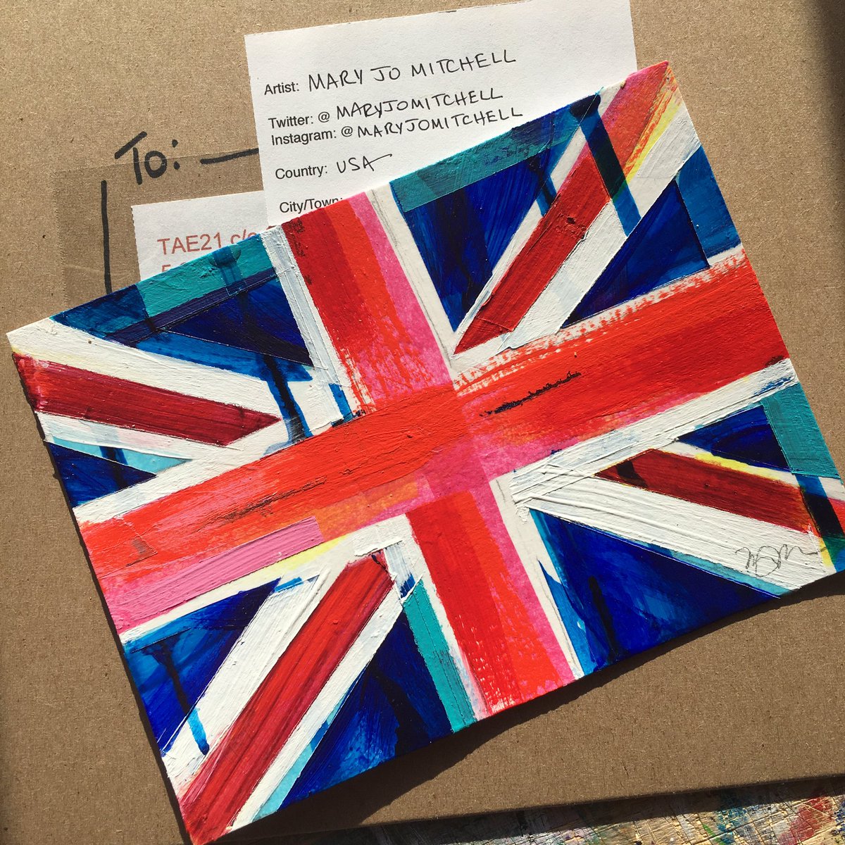 maryjomitchell's tweet photo. Dropped my art in the mail yesterday. Heading to Cheltenham, England for the @twitrartexhibit. ‘Sending Love from America’ is an original #artonapostcard, for @L_I_N_C charity supporting patients &amp; families fighting blood cancer. #TAE21 brings us all closer together! https://t.co/dkjjFxv63e