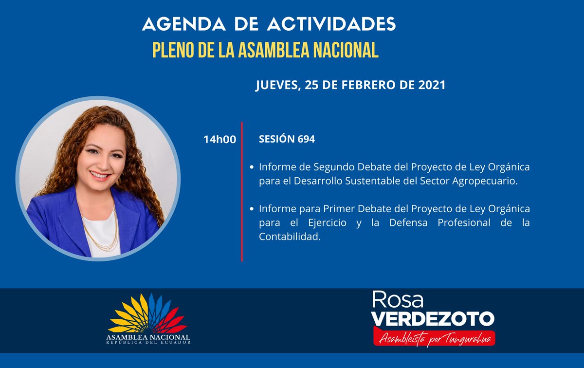 HOY || En el #PlenoVirtual de la <a href="/AsambleaEcuador/">Asamblea Nacional</a>  debatiremos sobre los Proyectos de Ley Orgánica para el #DesarrolloSustentableAgropecuario y del #EjercicioProfesionaldelaContabilidad