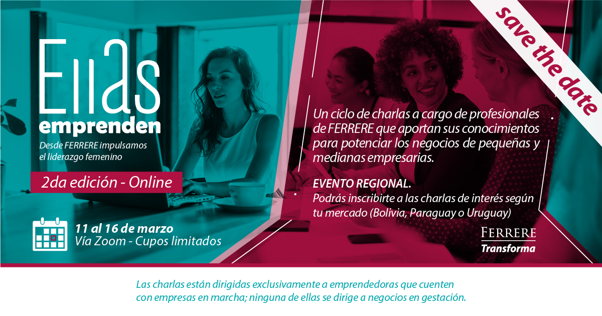 ferrere's tweet photo. Se viene #EllasEmprenden un ciclo de charlas a cargo de profesionales de FERRERE que aportan sus conocimientos para potenciar los negocios de pequeñas y medianas #empresarias.

⚠️Próximamente podrás acceder al programa e inscribirte a las charlas de interés según tu mercado. https://t.co/kw80Hg4vQG