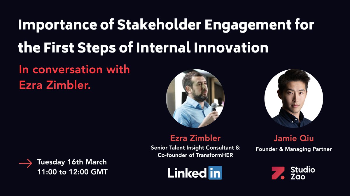 We are pleased to announce next month we will be in conversation with <a href="/ezramz/">Ezra Zimbler</a> from <a href="/LinkedIn/">LinkedIn</a> to learn about stakeholder engagement to drive innovation from within an organisation.

#intrapreneurs #intrapreneurship

ow.ly/o6ao50DJQ1b