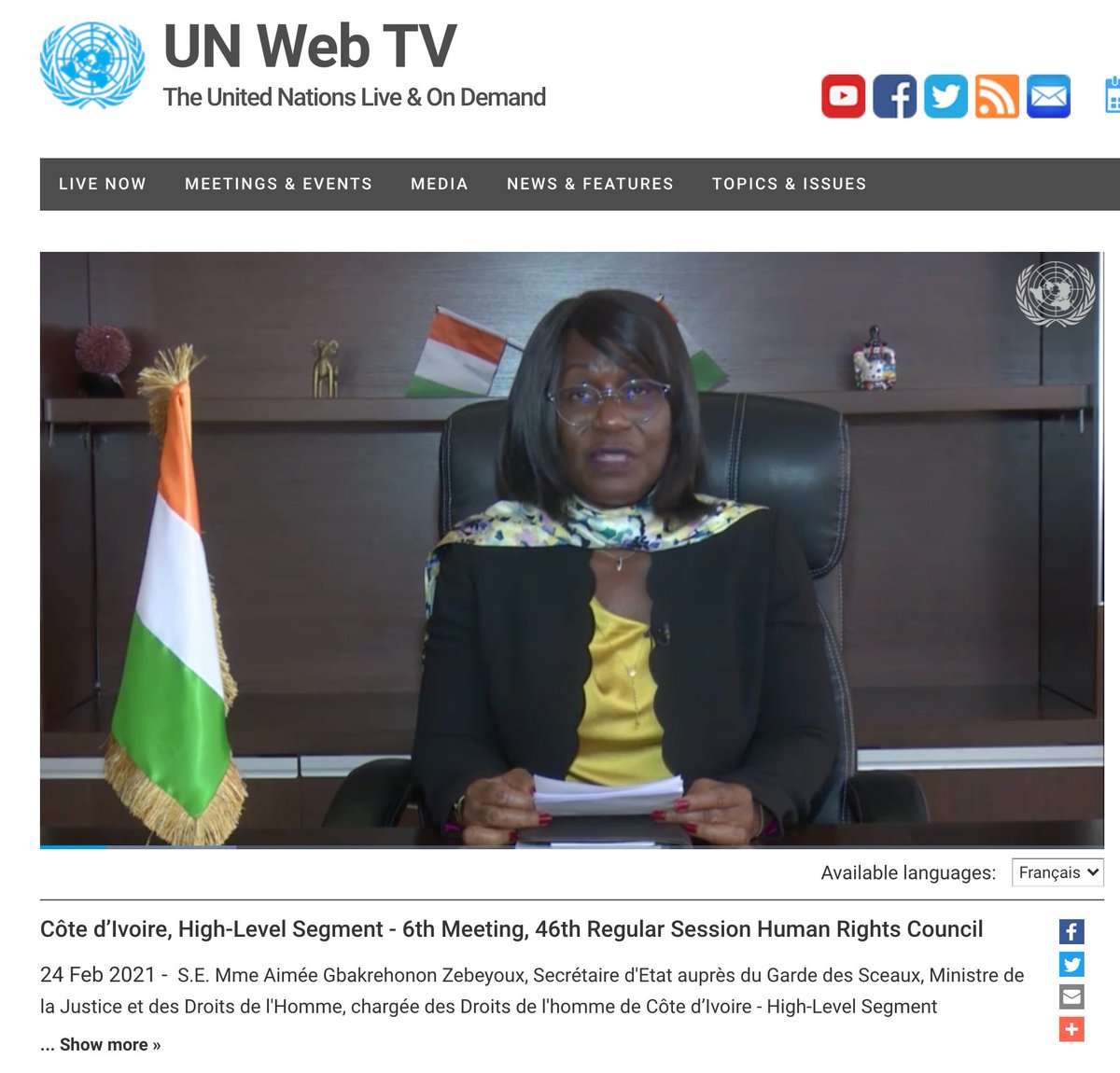 Le 24 février 2021, j'a lu la Déclaration du Gouvernement de la Côte d’Ivoire à l’occasion de la 46ème session du Conseil des Droits de l’Homme des Nations Unies. Voir vidéo plus bas #sedhci webtv.un.org/watch/player/6…