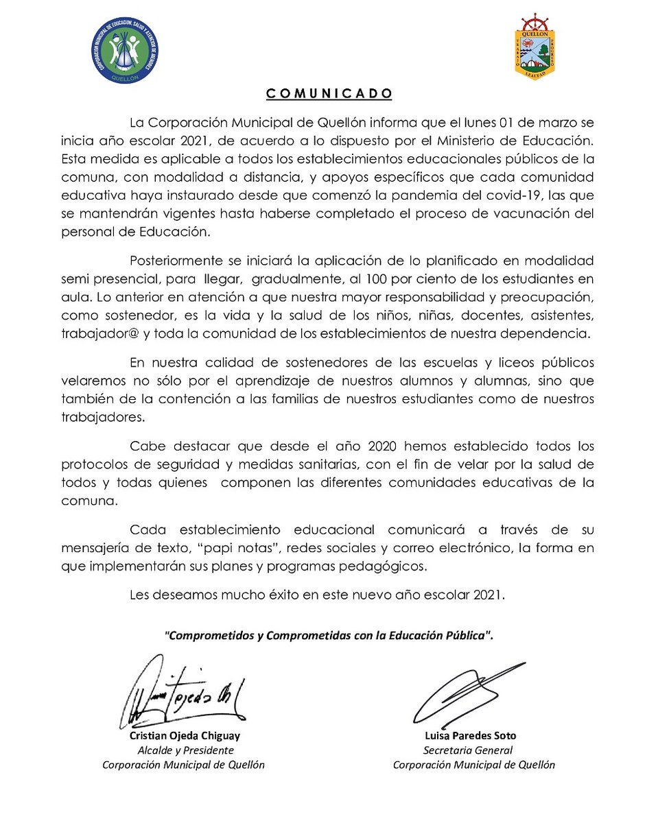#Atención Comunicado de Prensa Corporación Municipal de #Quellón, informa inicio de #AñoEscolar2021 con modalidad a distancia. Mas información aqui 👇