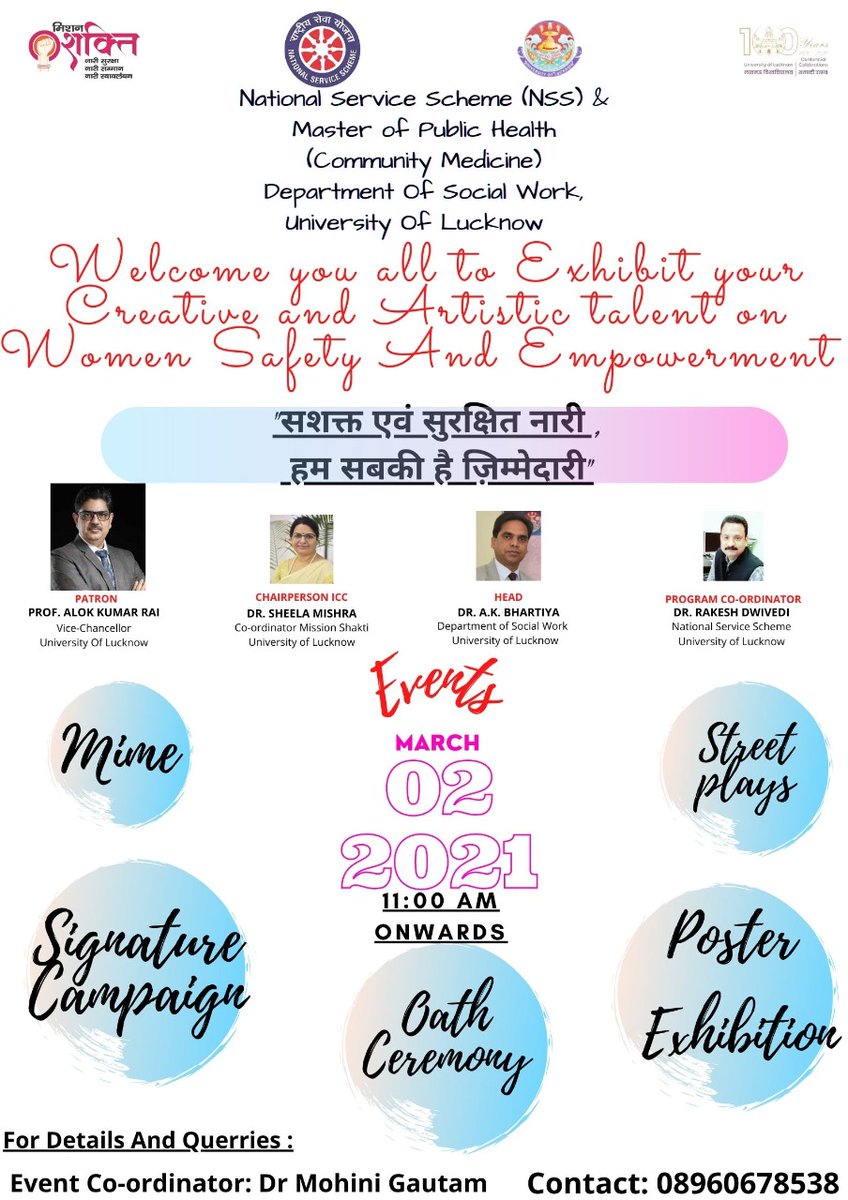 NSSLkouniv's tweet photo. NSS, University of Lucknow &amp; MPH (Community Medicine), Dept. of Social Work, UoL cordially invite you in the Mission Shakti Programs on #सशक्त_एवं_सुरक्षित_नारी_हम_सबकी_है_ज़िम्मेदारी' on 2nd March 2021, 11:00am,at Radha Kamal Mukerjee Hall,Dept. of Social Work,UoL
@NSSRDLucknow https://t.co/55IbKcpuio