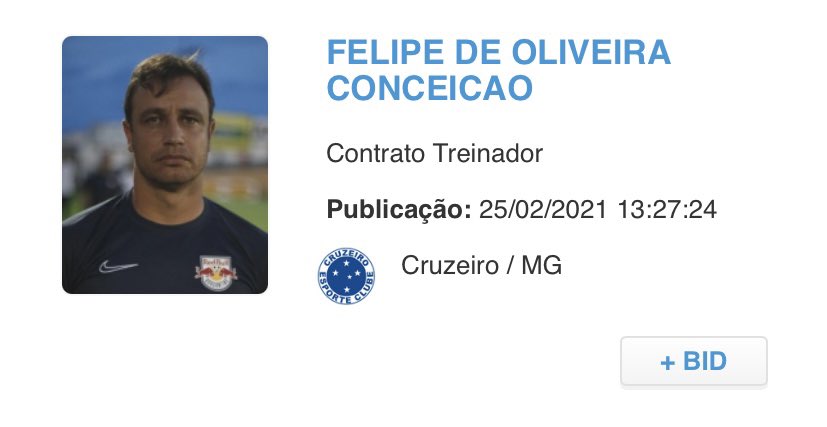 Footlink_'s tweet photo. Treinador Felipe Conceição foi registrado no BID pelo @Cruzeiro: https://t.co/COYBzzdbp3