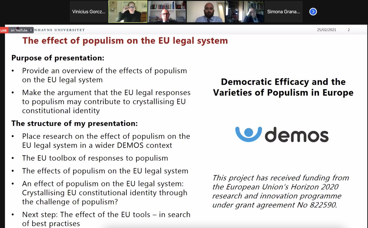 DEMOS_H2020's tweet photo. #POPDEMOS online conference restarted with Prof. Helle Krunke (@uni_copenhagen).

She is discussing how #populism has shaped the #EU legal system. Presentation includes the EU toolbox of responses to populism. 

Follow live and put your questions at: https://t.co/fMijiIoHNR https://t.co/ljIthEKsBL