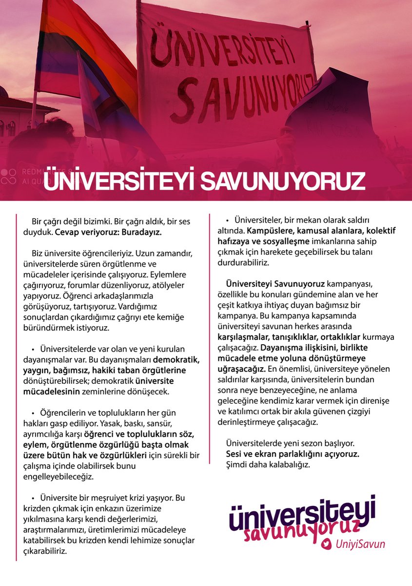 #ÜniversiteyiSavunuyoruz | Kim olarak, hangi konularda, nasıl bir çalışma yapmak için yola çıktık?

🟣 Bir çağrı değil bizimki. Bir çağrı aldık, bir ses duyduk. Cevap veriyoruz: Buradayız. Sesi ve ekran parlaklığını açıyoruz. Şimdi daha kalabalığız.