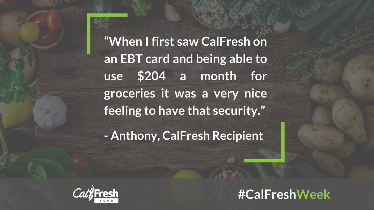 CHCChicoState's tweet image. Don’t take our word for why you should see if you’re eligible for food benefits. Let Anthony who has CalFresh tell you. 

“When I first saw CalFresh on an EBT card and being able to use $204 a month for groceries it was a very nice feeling to have that security.” #CalFreshWeek