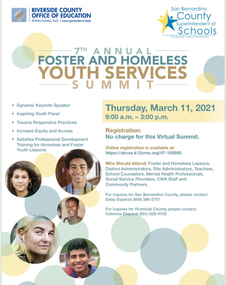 SBCSS_CDS's tweet image. We are EXCITED to present the 7th Annual Foster &amp;amp; Homeless Youth Services Summit! The keynote speaker #RodneyWalker is phenomenal and the youth panel provides great insight. Don’t miss this exceptional opportunity and the great collaboration with @RCOE!