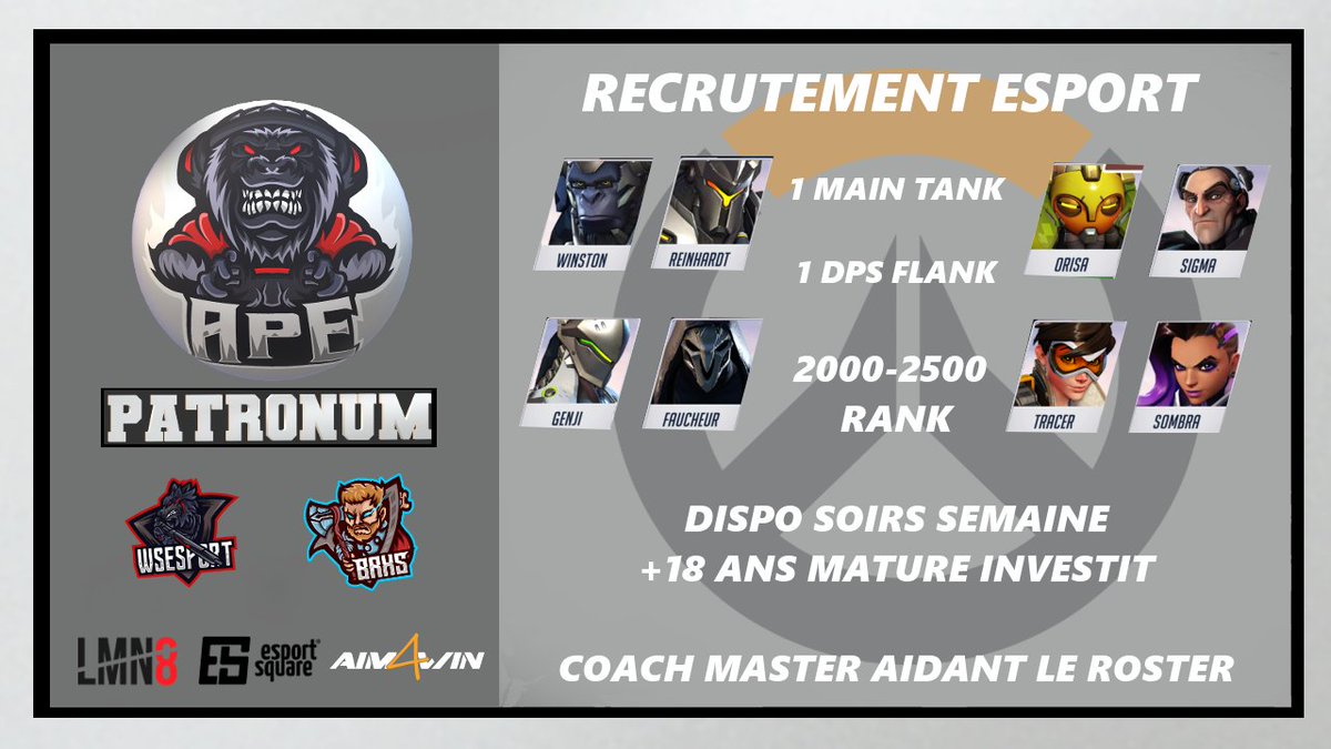 APEassociation's tweet photo. ⚠️Recrutement #esport 

#Overwatch  to #overwatch2 #Xbox 

🔥Objectif participer a la @OwComGathering 

🤝Contact 🐒@_APE_Cut Leader 🐒@ApePatronum 

⚔️Coach Master 🐒@APE_wunderfiths https://t.co/MhOhCV8MKX