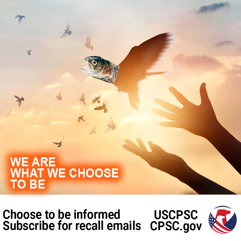 A person releasing a bird with the head of a fish into the sky. The text reads: We are what we choose to be. Choose to be informed. Subscribe for recall emails.