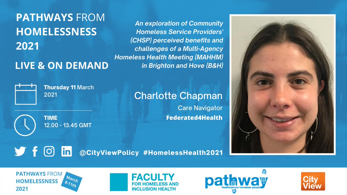 PATHWAYS FROM HOMELESSNESS 2021: Everyone Always In? ONLINE SYMPOSIUM 8 March 2021—11 March 2021 
 
12:00  – 13:45 GMT
 
Thursday 11 March 2021  
 
An exploration of Community Homeless Service Providers

Charlotte Chapman

Book your place now: eur.cvent.me/kM8X7 
<a href="/PathwayUK/">Pathway</a>