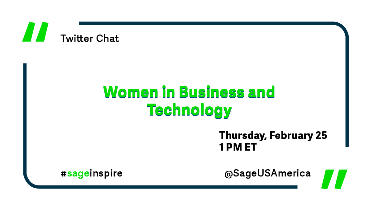 Looking forward to joining today's Women in Business and Technology Twitter chat with <a href="/SageUSAmerica/">Sage USA</a> at 1PM (ET), sponsored by our #BUILDatSage Colleague Success Network #SageInspire