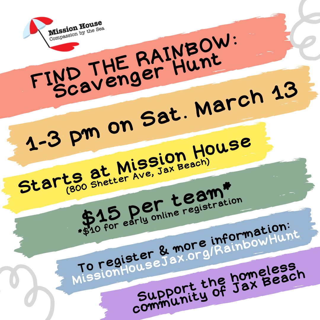 Get ready for an interactive scavenger hunt that will take you all over Jax Beach! This event is family-friendly and COVID-safe! Register your team today at MissionHouseJax.org/rainbowhunt