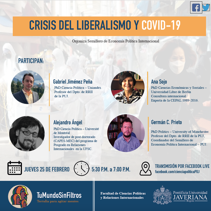 TuMuSiFi's tweet photo. #TuMundoSinFiltros 15 – Crisis del liberalismo y COVID-19 con Alejandro Ángel, Germán Prieto, @radekbudde y Ana Sojo. Hoy de 17h30 a 19h (h de Colombia) por Facebook Live: https://t.co/yYkqUI0hns https://t.co/sbFFxXVqGa