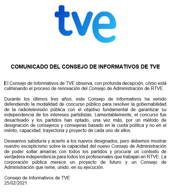 CdItve's tweet photo. Este Consejo observa, con profunda decepción, cómo está culminando el proceso de renovación del Consejo de Administración de RTVE. Mostramos escepticismo sobre su capacidad de soltar amarras con los partidos y procurar un contexto de verdadera independencia para RTVE. https://t.co/T0chYDcCX2