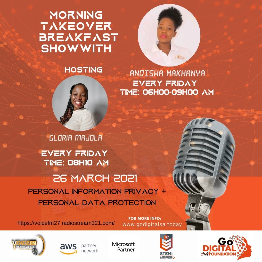 GoDigitalSA1's tweet photo. Hear the early morning STEM waves from our sisters Gloria Majola and Andiswa Makhanya on Morning Takeover Breakfast Show.
#STEMeducation #security #privacy #sdg2030 #godigitalsafoundation #beyondcovid19 #voicefm_yomphakathi https://t.co/yZowcUaaLf