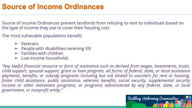Source of Income Ordinances can protect renters against discrimination based on the source of the income they use to pay rent.  @AmyKlaben discussed how these ordinances are increasingly being adopted around Central Ohio & how advocates can promote them in their community.