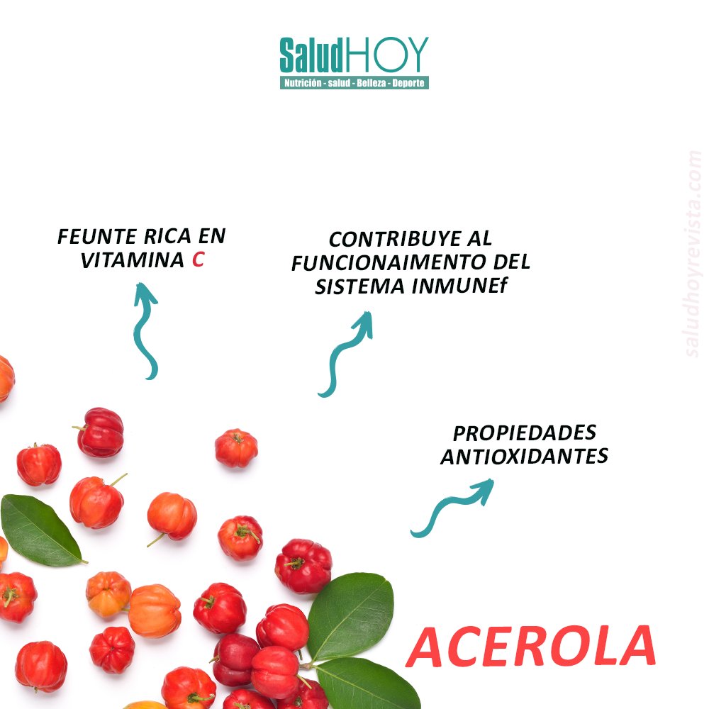 SaludHoy_Rev's tweet photo. 🍒 La ACEROLA es uno de los frutos más ricos en vitamina C que la naturaleza tiene (20 veces más que una naranja) Además posee otras propiedades como reducir la fatiga y fortalecer el sistema inmune.  Sigue descubriendo más con #SALUDHOY https://t.co/erIlKMkmJL