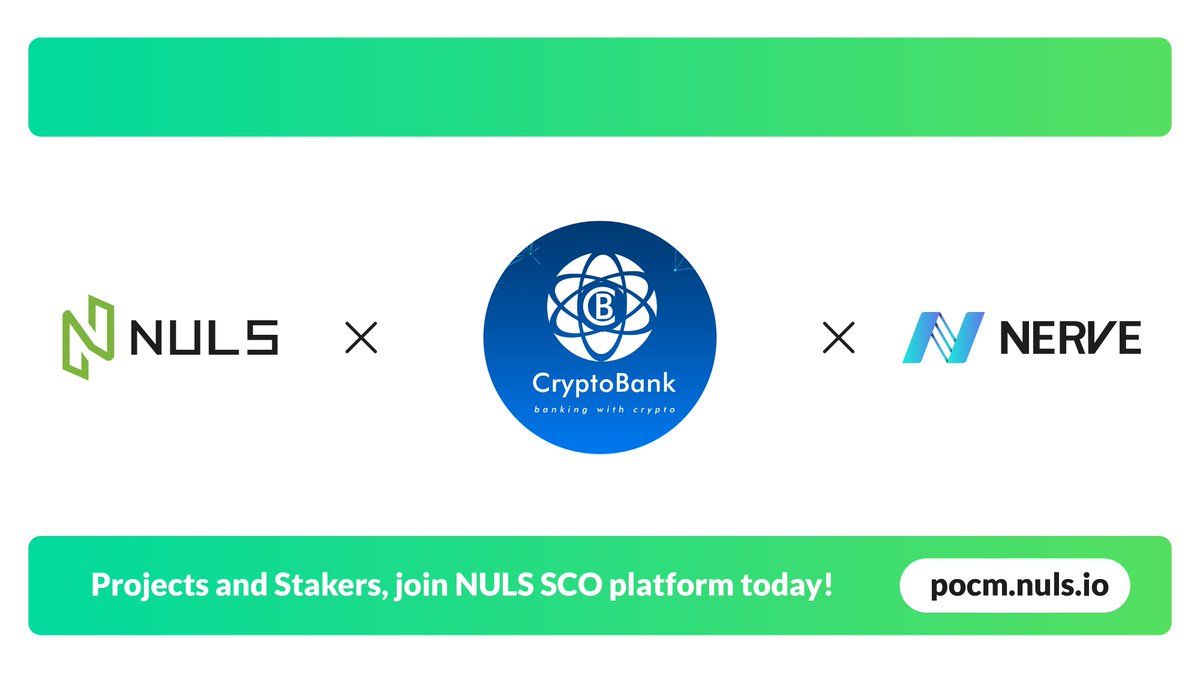 Nuls's tweet photo. We are pleased to share a new collaboration with @CryptoBank17

#CryptoBank aims to be the leading cryptocurrency payment solution in Africa and beyond, designed to modernize the finance and payments industry.

Find out more https://t.co/mI9blYYPLi

Joining NULS #SCO Soon! https://t.co/dK50doHnyG
