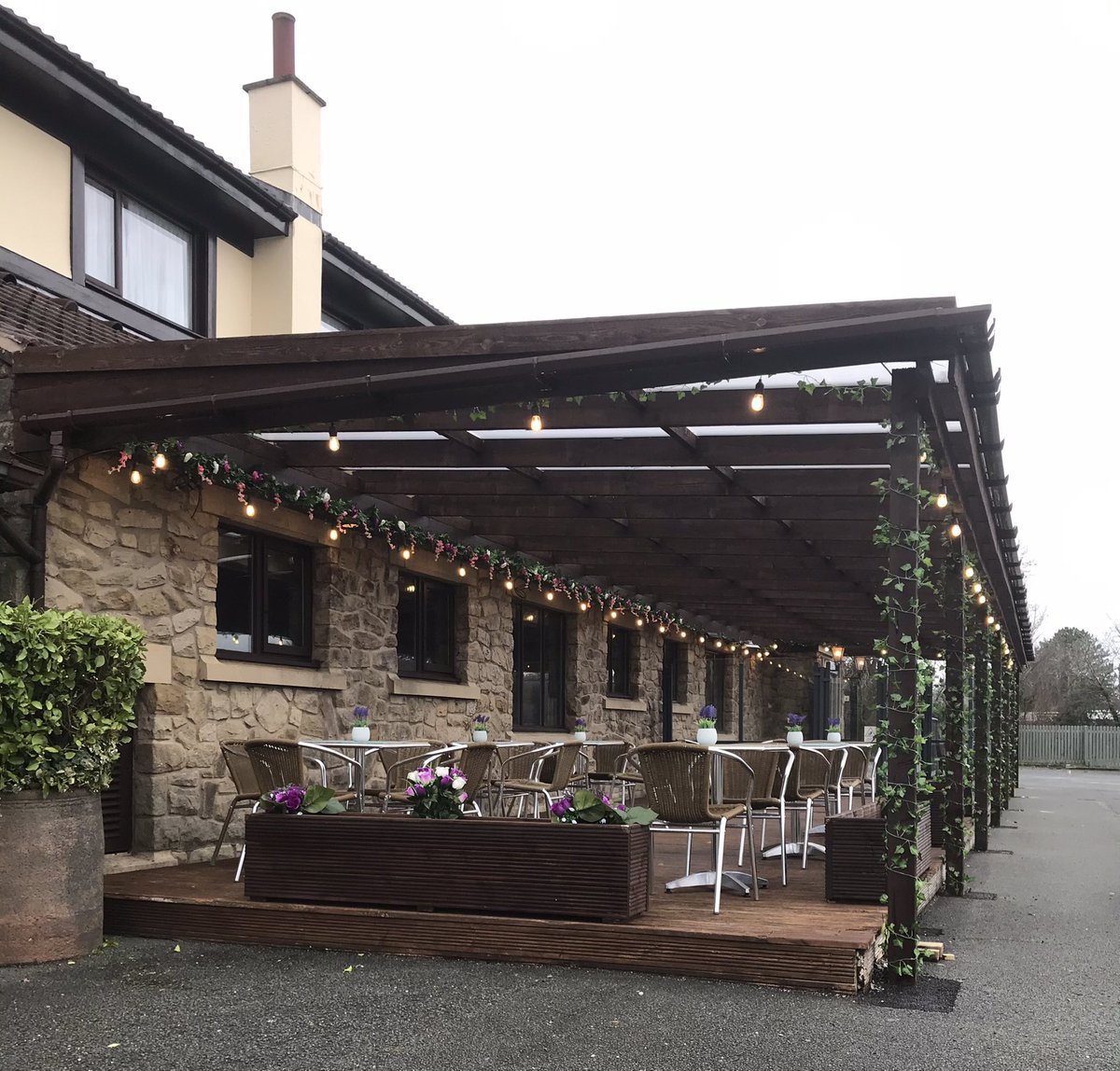 Getting our covered and heated deck area ready for 12th April. Bookings coming in thick and fast. Call 01995604128 to reserve one of the last remaining tables