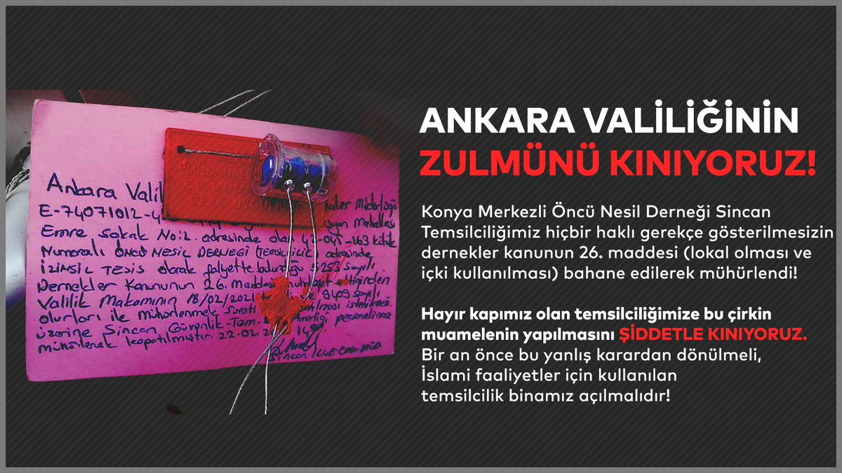 OncuNesilDer's tweet photo. Ankara Valiliğinin Zulmünü Kınıyoruz!

Hayır kapımız olan temsilciliğimize bu çirkin muamelenin yapılmasını şiddetle kınıyoruz!

İslamiDernekler Mühürleniyor
#AnkaraValiliği
@AnkaraValiligi https://t.co/kHduby1QhG
