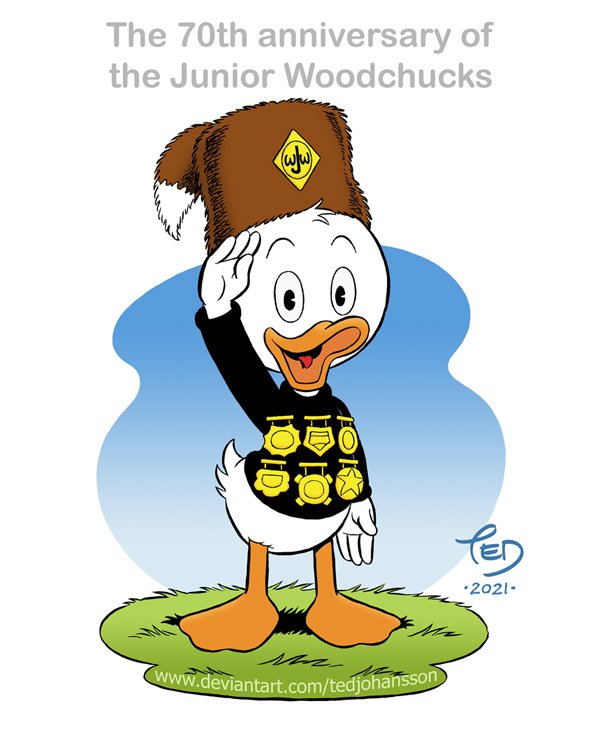 This month it's 70 years since Carl Barks introduced the Junior Woodchucks in the comic 'Operation St. Bernard'.

#thejuniorwoodchucks #carlbarks #donrosa #juniorwoodchucks #comic #comics #drawing #medals #donaldduck #duckburg #hueydeweyandlouie #hueydeweylouie #salute