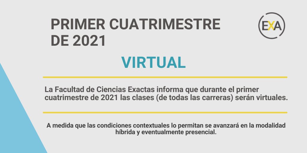 FCEx_UNICEN's tweet photo. INFORMACIÓN 👉La Facultad de Ciencias Exactas informa que durante el primer cuatrimestre de 2021 las clases (de todas las carreras) serán virtuales. 👩‍💻

#exaunicen #exactas #estudiantes #virtualidad #unicen #tandil https://t.co/DjpLOlUFwy