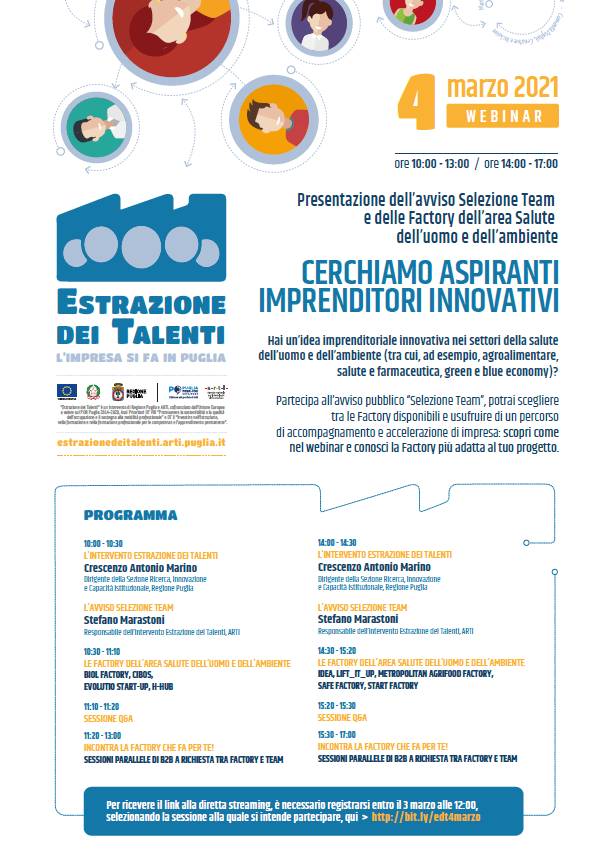 clusteralisei's tweet photo. SAVE THE DATE: Appuntamento il 4 marzo con il Webinar di presentazione Evolutio Start Up Factory organizzato da @ArtiPuglia
#salute #farmaceutica #GreenEconomy https://t.co/6y8mvHrIXw