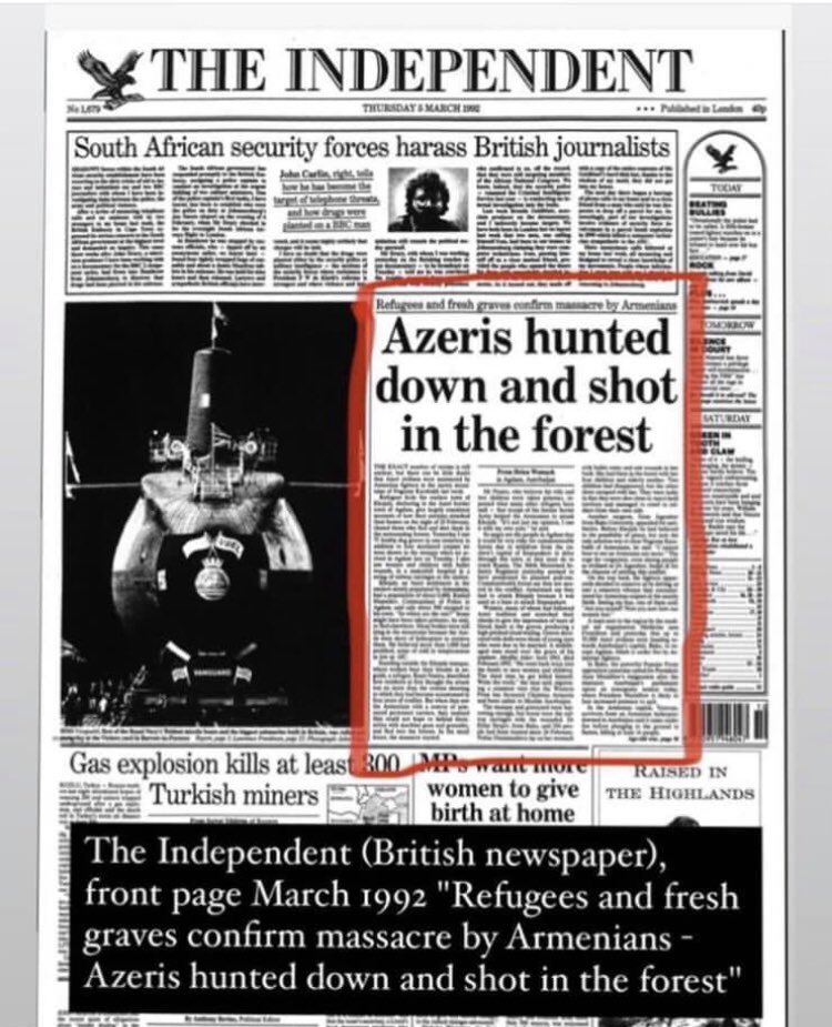 hajievanigarrr's tweet photo. Internatinal media @thetimes @Newsweek @nytimes @Independent coverage of brutal genocide perpetrated on February 26, 1992 against Azerbaijani civilians in Khojaly city by Armenian Armed Forces. #JusticeForKhojaly #HistoryRemembers #KhojalyGenocide #KhojalyMassacre https://t.co/ITDybhQBsw