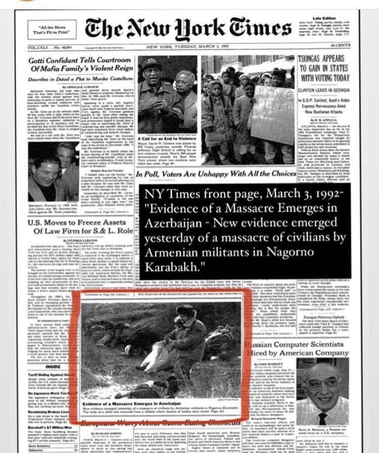 hajievanigarrr's tweet photo. Internatinal media @thetimes @Newsweek @nytimes @Independent coverage of brutal genocide perpetrated on February 26, 1992 against Azerbaijani civilians in Khojaly city by Armenian Armed Forces. #JusticeForKhojaly #HistoryRemembers #KhojalyGenocide #KhojalyMassacre https://t.co/ITDybhQBsw