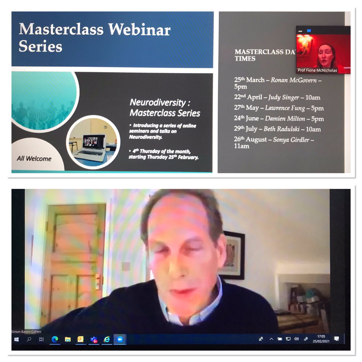 Very excited to be attending 1st neurodiversity masterclass webinar - fascinating talk re #patternseekers by @sbaroncohen thankyou @UCD_CHAS