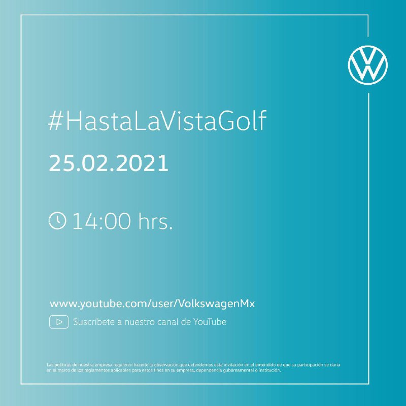 Acompáñanos con Volkswagen para decir #HastaLaVistaGolf 👋
⏱ A las 14:00 hrs por el canal de YouTube de #VolkswagenMéxico 
👉 youtube.com/VolkswagenMx