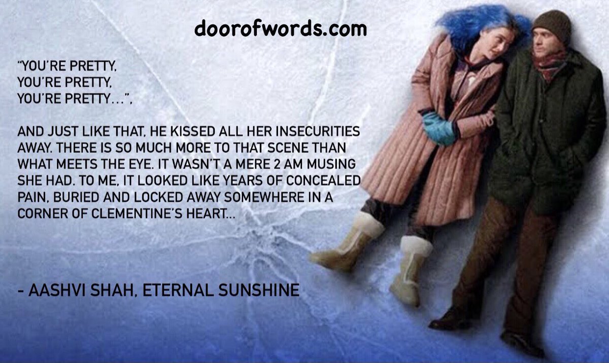 DoorWords's tweet photo. A sagacious reflection on the themes of one of the most profound movie, Ethernal Sunshine of a Spotless Mind. Aashvi Shah explains why Clementine and Joel became the most relatable characters to her. 

Read the complete article at https://t.co/Yi3UO14eSX

Submit your work now! https://t.co/ke3irJwr9y