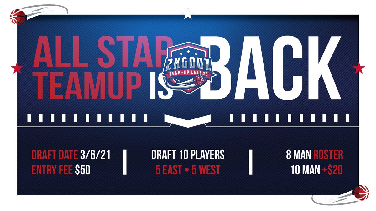 [XBOX NEXT GEN] 

💫Season 1 - All Star TeamUp💫

$50 Team Signup Fee (8 Man Roster)
BRING YOUR OWN TEAM
2 Week Season - 20 minimum games

You draft 5 East &amp; 5 West NBA Players to GM your team. Then play with each team. Examples below 👇👇