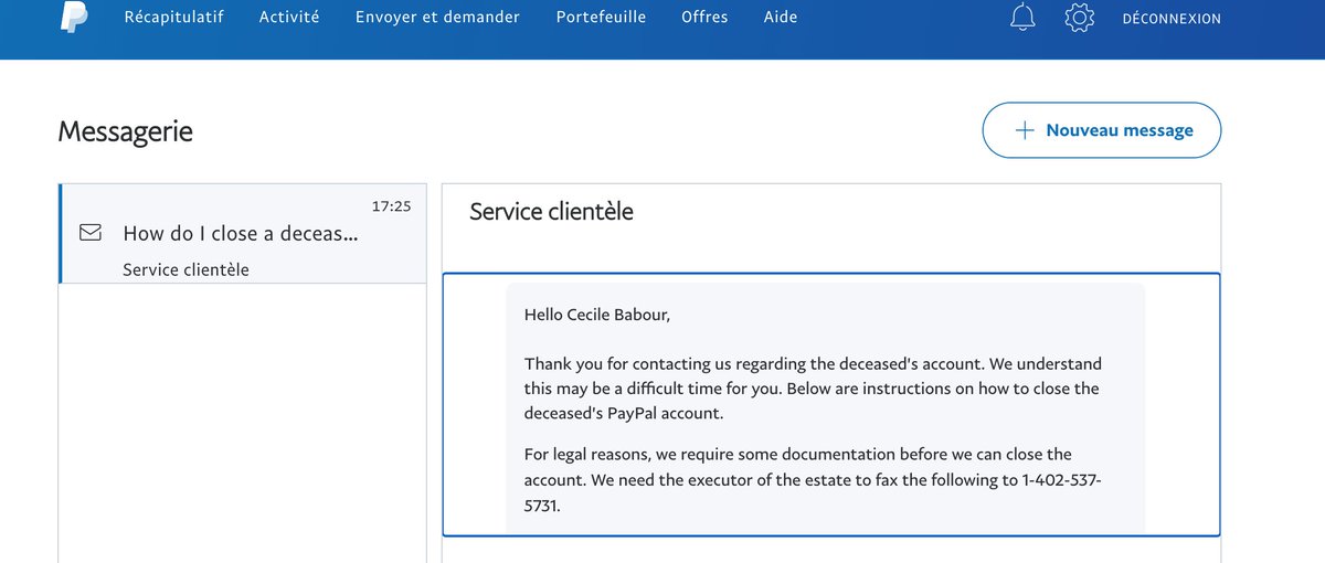 CecileBabour's tweet photo. @PayPalFrance me demande mon certificat de décès très sérieusement au téléphone !!!! J'essayais de récupérer mon vieux compte Paypal car je n'avais plus mon téléphone français, et on me dit que je suis morte !! https://t.co/Rse4UdwanQ