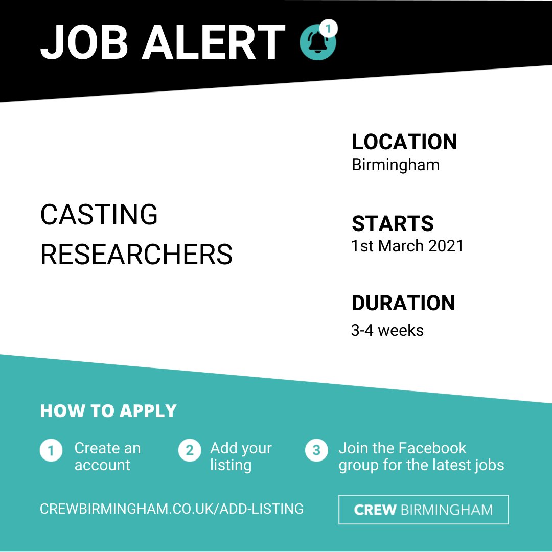 To learn more about this job, click on the link below to set up a listing on the website and then join the dedicated Facebook group for more job opportunities.
crewbirmingham.co.uk/add-listing/

#crewbirmingham #crewuk #localtalent #tvjobs #localcrew  #westmidlands #createcentral