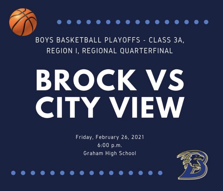 Boys Basketball 
Regional Quarter Finals 
-Brock will be visitors. 

Ticketing Information: 
grahamisd.com/272594_2 

Live Stream Information:
youtube.com/channel/UCOaYa…