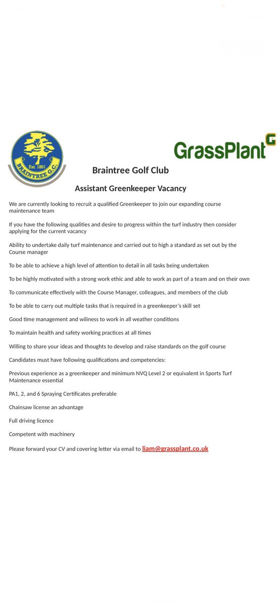 Springettliam's tweet photo. *JOB ALERT* @BraintreeGC @GrassPlantUK @BIGGALtd @essexbigga #essex #essexgolf #greenkeeping #turfjobs https://t.co/povJxFfAhg