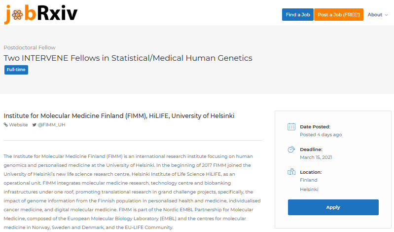 Two INTERVENE Fellows in Statistical/Medical Human Genetics

Institute for Molecular Medicine Finland (@FIMM_UH), HiLIFE (@HiLIFE_helsinki), University of Helsinki, Finland

https://t.co/2fCEjCpdTP

#ScienceJobs https://t.co/9V67uswcHm