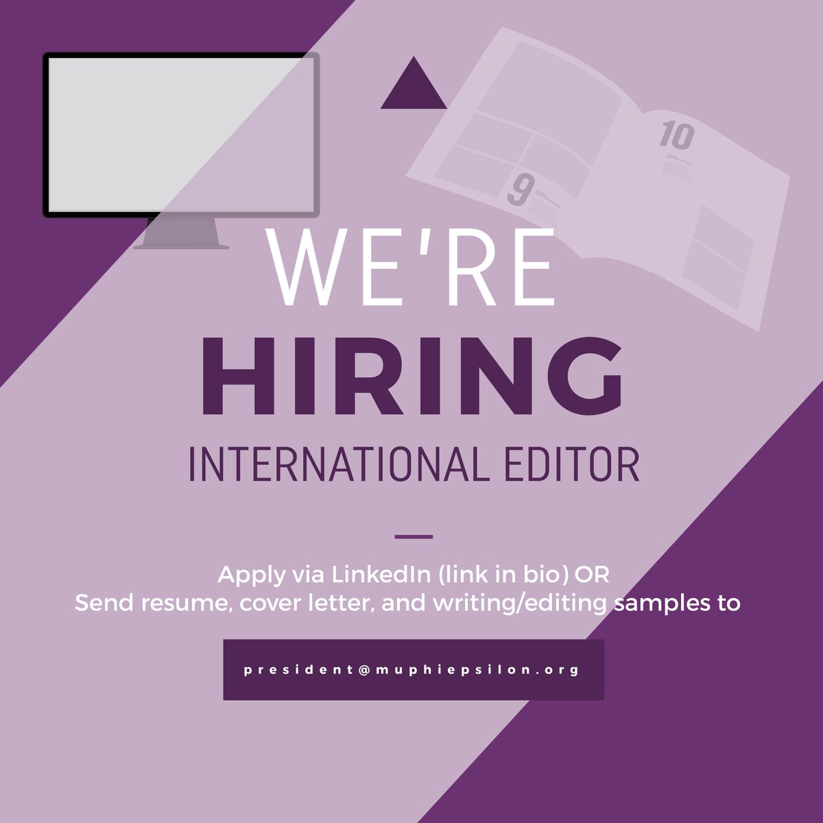 muphiepsilon's tweet image. Mu Phi is hiring!

We are looking for a new International Editor to manage publishing The Triangle quarterly, among a few other important duties. The position is part-time, remote, and compensated monthly.

#MuPhiEpsilon #ΜΦΕ #hiring #jobposting