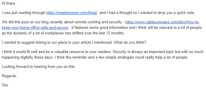 I get a lot of shotgun link spam, but I always find it hilarious when I get emails where they obviously haven't vetted their list. This one wants a link from my legal page. 🤦‍♂️