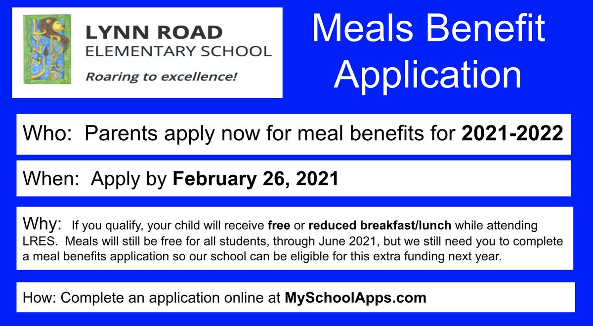 Reminder that the deadline to apply for meal benefits for next year is this Friday, 26th! More info. about applying can be found at wcpss.net/Page/1849. Applications can be completed online at MySchoolApps.com @LRESLions @LynnRoadPTA
