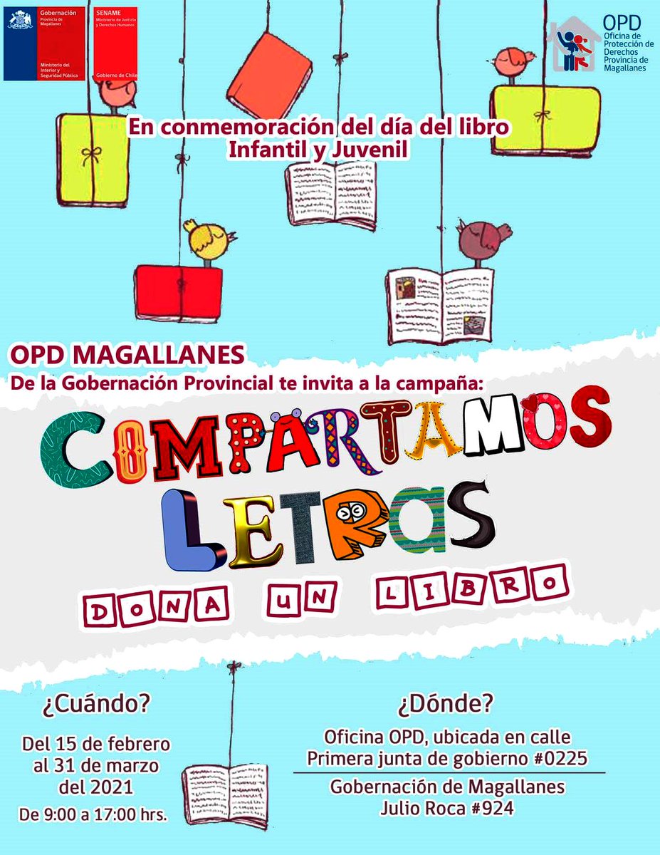 gobmagallanes's tweet photo. Un libro te abre un mundo... A través de la lectura despiertas a la imaginación, la historia, la cultura... Seamos generosos y #CompartamosLetras.
Participa de esta linda campaña de nuestra #OPDprovincial regalando un libro para niños, niñas y adolescentes. ¡Te esperamos! 👧👦❤️ https://t.co/j8xoOjhEyH