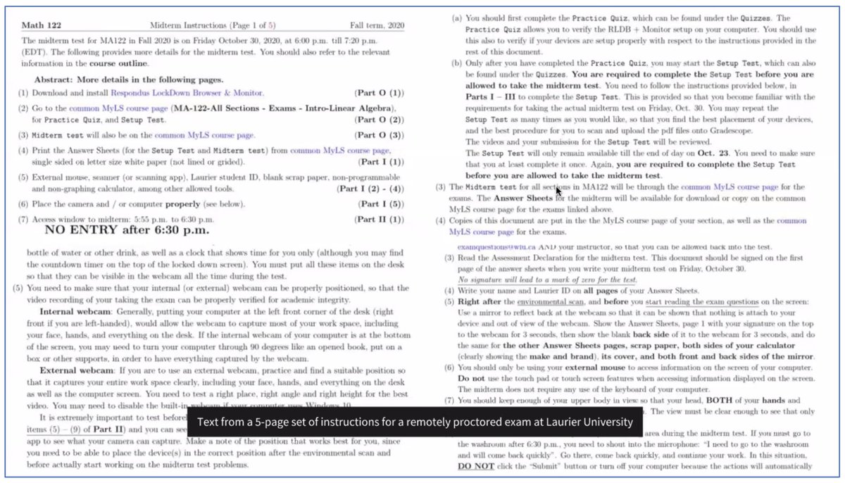 rachaelsullivan's tweet image. Text from a 5-page set of instructions for a remotely proctored exam. &quot;All caps, tiny print, some things bold, some things not, hyperlinks linking to other things. This design is bewildering, anxiety-producing, abusive.&quot; @Jessifer #DesignForCare