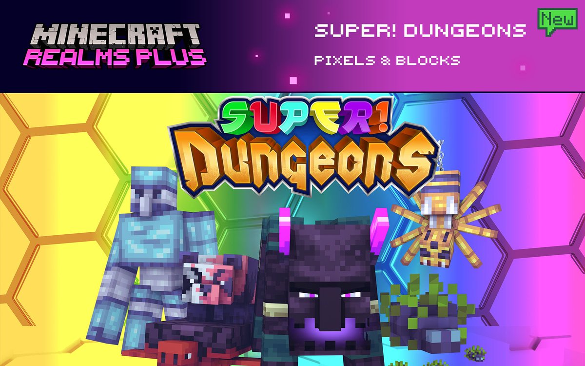 MinecraftMarket's tweet image. Battle against Super! Bosses in 6 unique colorful dungeons. Solve puzzles, complete parkour and defeat challenges to reach the monster&apos;s lair. Defeat each boss to earn unique cosmetics. Conquer Super! Dungeons by @PixelsAndBlocks, now in Realms Plus!

🕷️ redsto.ne/super-dungeons