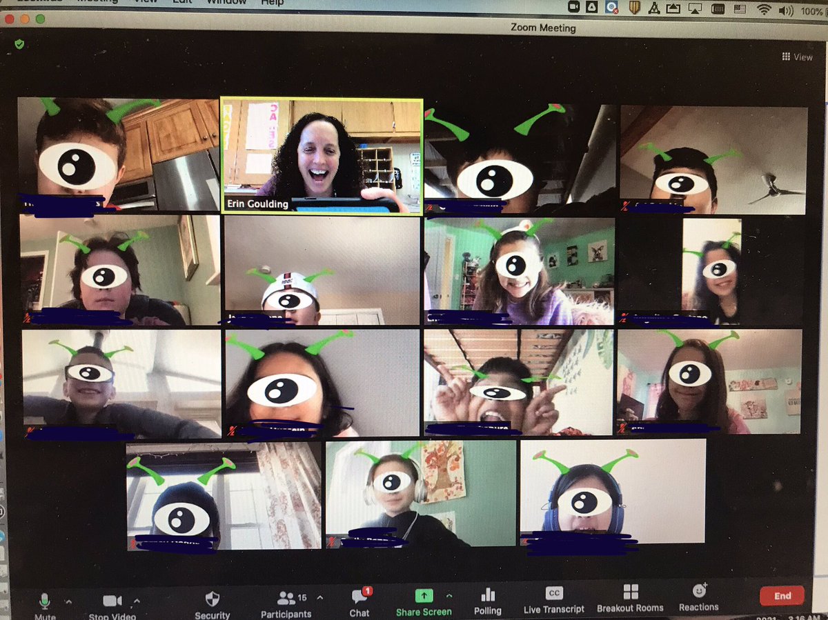 ErinG722's tweet photo. When Zoom does an update and you need to let your fourth graders get the new filters out of their system before a meeting, you get a class full of aliens! 😂 #TeamFloral #ShrewsburyLearns https://t.co/NqmJdsZl5s