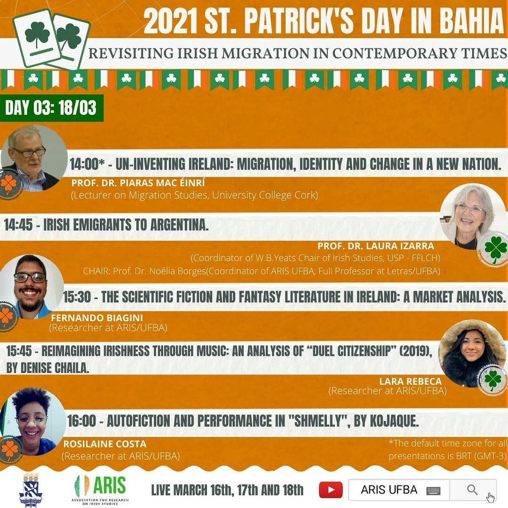 Junte-se a nós para a celebração virtual do St. Patrick's Day 2021 da Association for Research on Irish Studies (ARIS UFBA)! Dias 16, 17 e 18 de Março no canal ARIS UFBA do YouTube. Link na bio. 💚🧡🇮🇪
-
-
-
#Ireland #Irlanda #Evento #stpatricksday #sa… instagr.am/p/CLu2RuVpLKa/