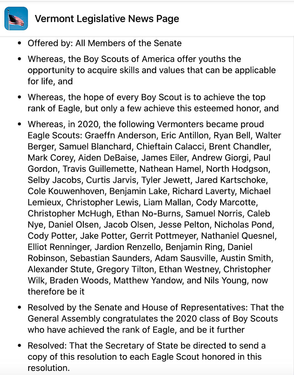 totesgucci's tweet photo. #vtpoli resolution honors Vermont's 52 new @boyscouts Eagles from the class of 2020, including 4 from #BennVt County towns Bennington, Arlington, Dorset. Since 1911, only 4% of Boy Scouts have earned Eagle wings. https://t.co/TKCjkqShqJ