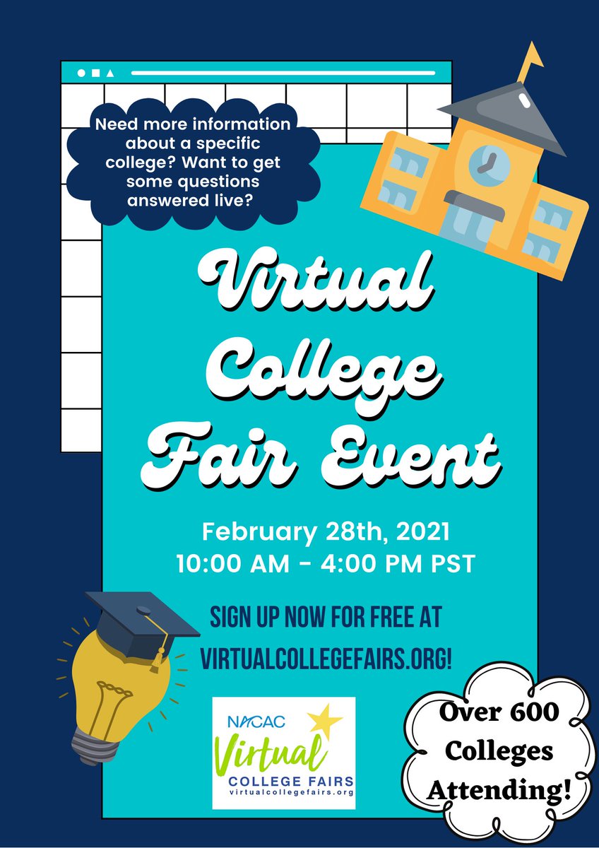 Virtual college fair this SUNDAY, February 28th from 10AM to 4PM! This is the perfect chance to learn about the schools that you may have already applied to or plan to apply to! There will be a live Q&amp;A session with respective school representatives. Link: virtualcollegefairs.org