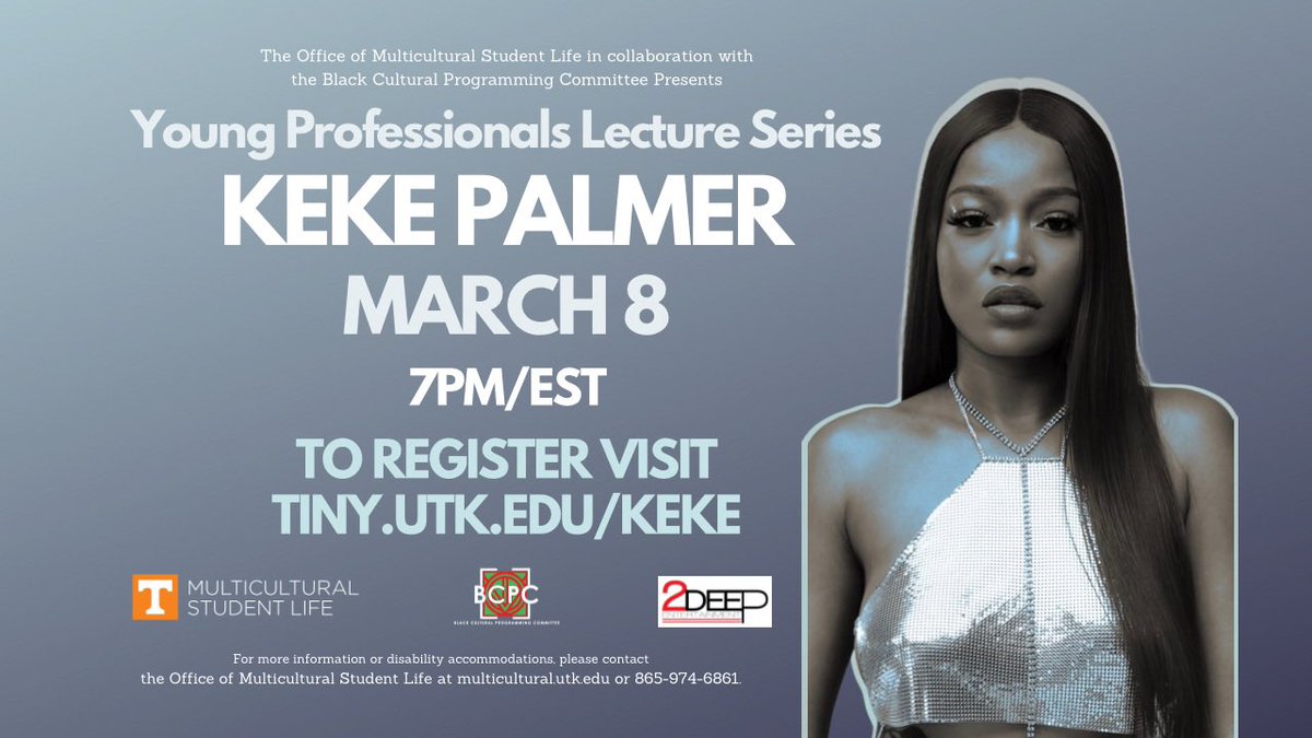 UTBCPC's tweet image. Miss Keke Palmer will be joining us on March 8 for our Young Professionals Lecture Series! 🙌🏾 To attend, register at tiny.utk.edu